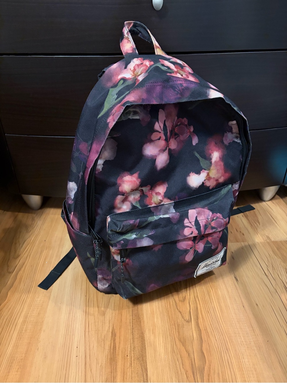 Herschel Supply Company Floral Print Black Backpack with Pink Accents